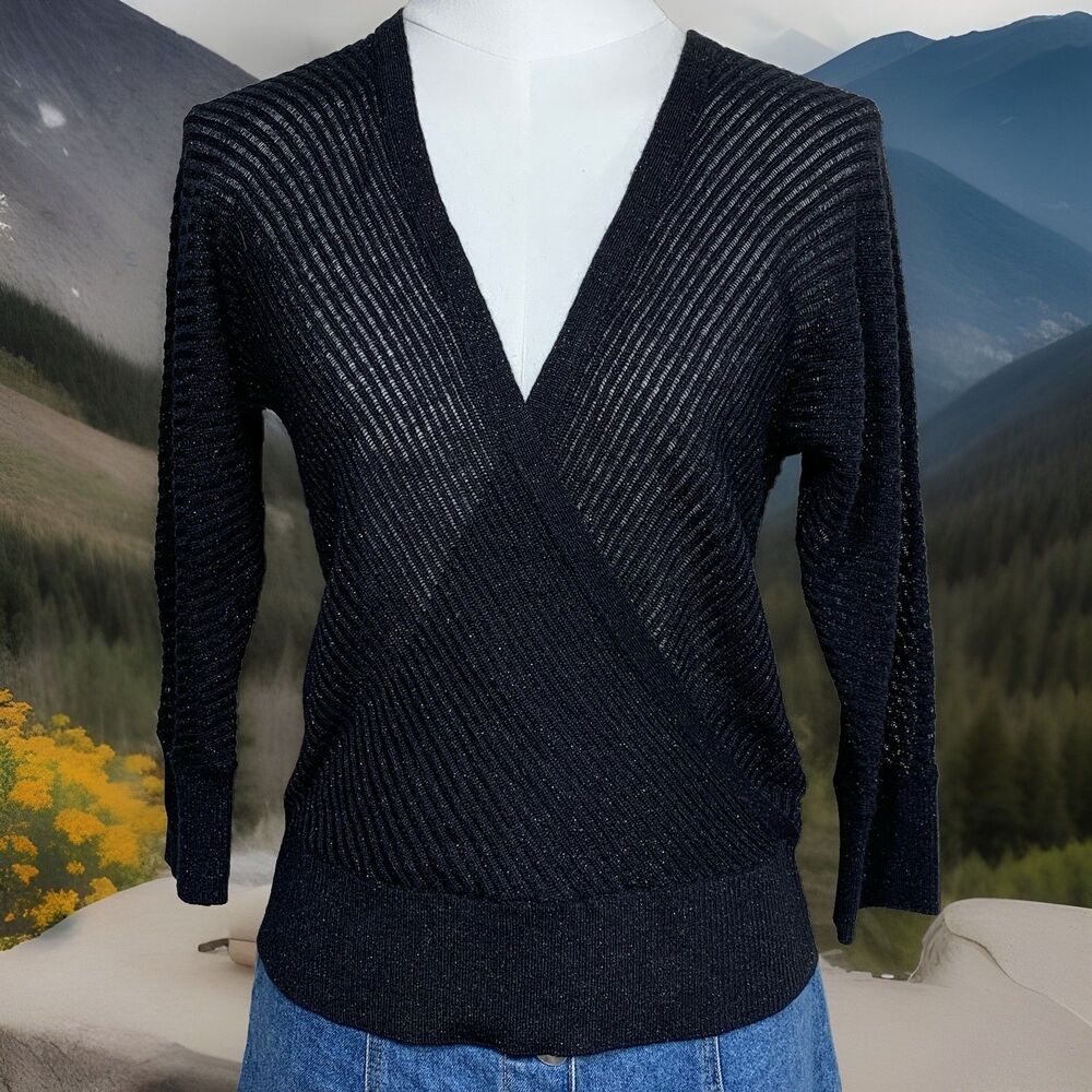 Old Navy Sweater Womens S Black Metallic Surplice Wrap V-Neck Pointelle‎ Knit